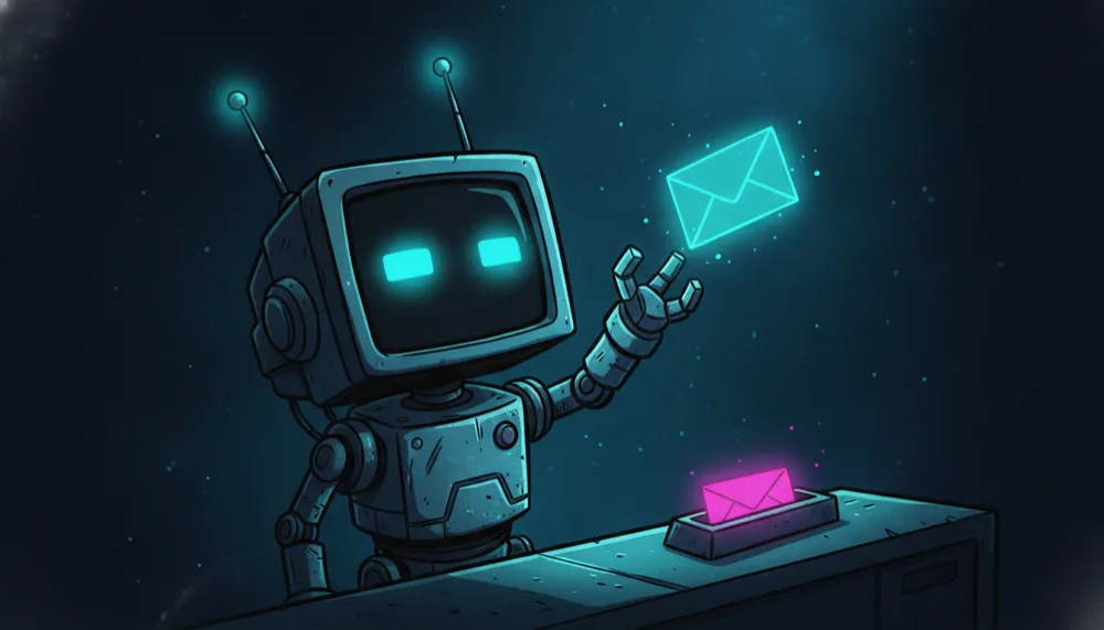 A Magda & Bots robot receiving a message at a glowing AI console