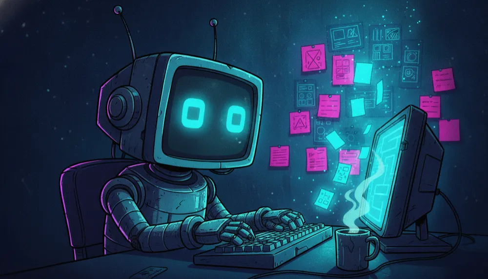 A Magda & Bots robot writing the newsletter at a glowing AI terminal