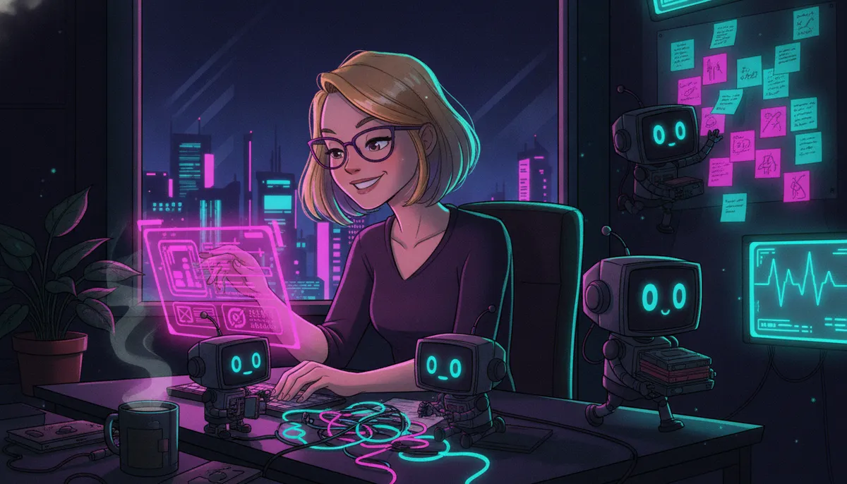 Magda & Bots — Magda directing AI at a late-night build station while little robots build alongside her